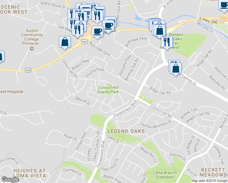 map of restaurants, bars, coffee shops, grocery stores, and more near 7408 Robert Kleburg Lane in Austin