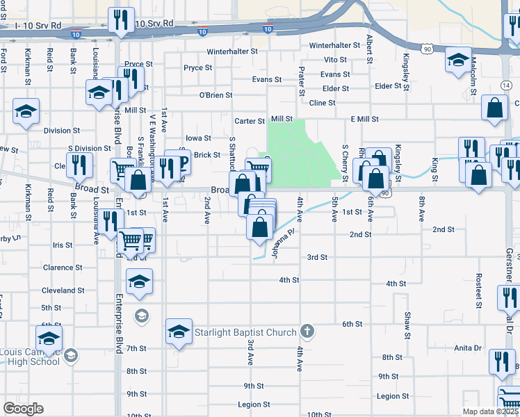 map of restaurants, bars, coffee shops, grocery stores, and more near 1807 1st Street in Lake Charles