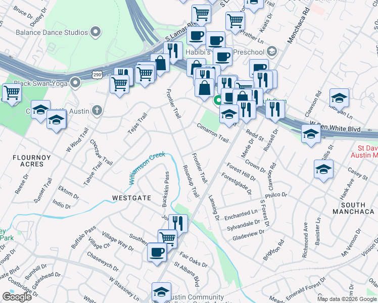 map of restaurants, bars, coffee shops, grocery stores, and more near 4608 Frontier Trail in Austin