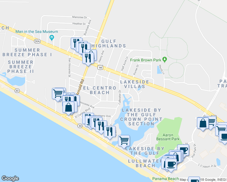 map of restaurants, bars, coffee shops, grocery stores, and more near 214 San Gabriel Street in Panama City Beach