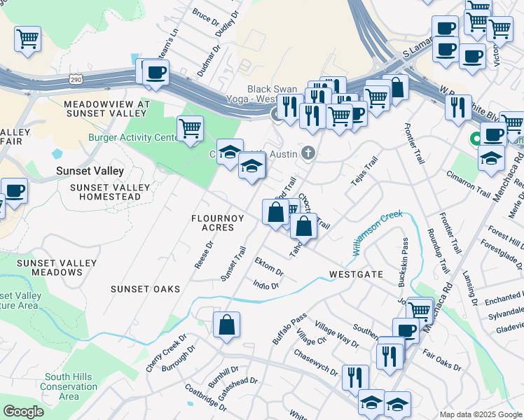 map of restaurants, bars, coffee shops, grocery stores, and more near 5006 West Wind Trail in Austin