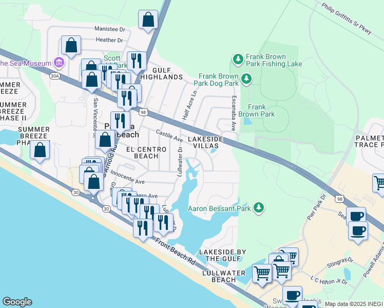 map of restaurants, bars, coffee shops, grocery stores, and more near 208 Castile Circle in Panama City Beach