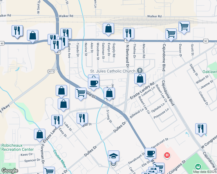 map of restaurants, bars, coffee shops, grocery stores, and more near 105 North Long Street in Lafayette