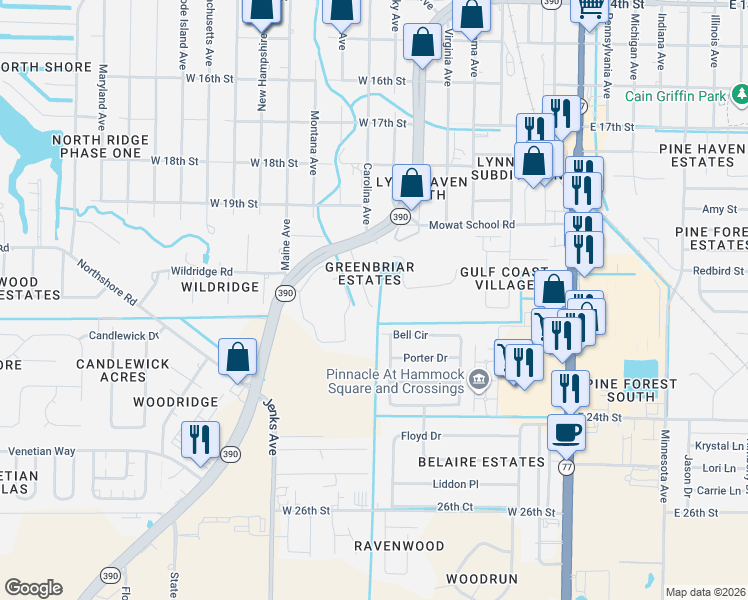 map of restaurants, bars, coffee shops, grocery stores, and more near 2021 Greenbriar Boulevard in Lynn Haven