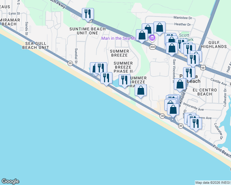 map of restaurants, bars, coffee shops, grocery stores, and more near 17351 Front Beach Road in Panama City