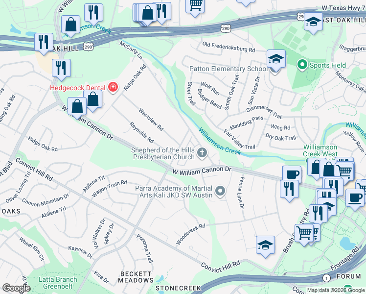 map of restaurants, bars, coffee shops, grocery stores, and more near 6708 Beckett Road in Austin