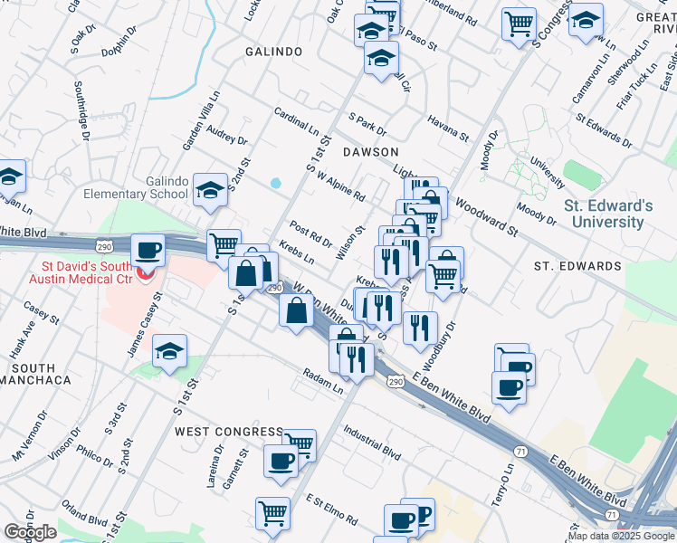 map of restaurants, bars, coffee shops, grocery stores, and more near 3809 Wilson Street in Austin