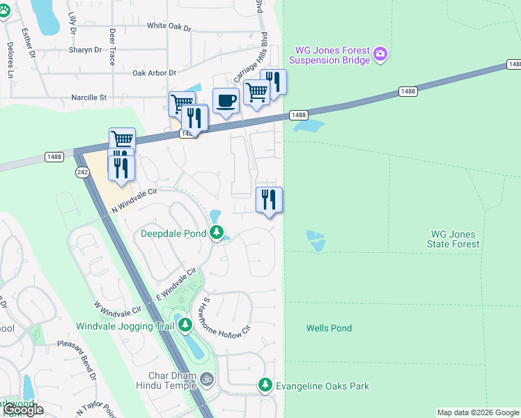 map of restaurants, bars, coffee shops, grocery stores, and more near 2443 Farm to Market Road 1488 in Conroe
