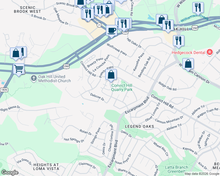 map of restaurants, bars, coffee shops, grocery stores, and more near 7501 Shadowridge Run in Austin