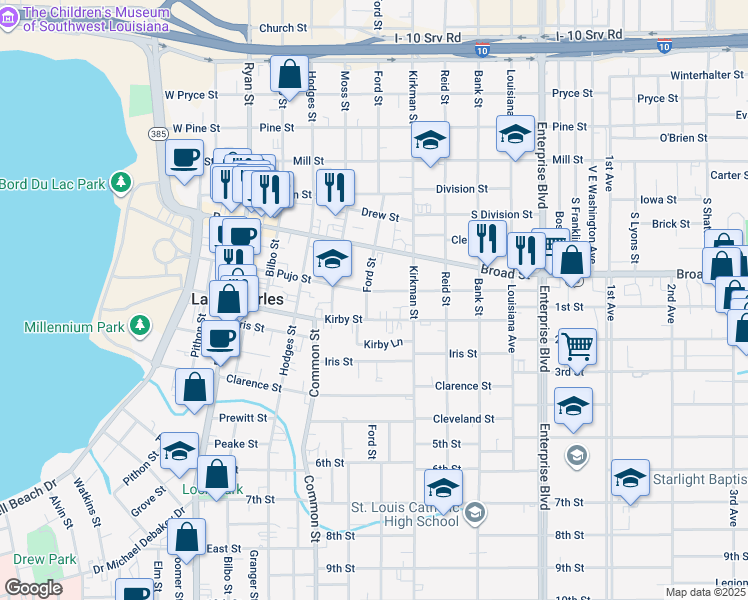 map of restaurants, bars, coffee shops, grocery stores, and more near 700 Pujo Street in Lake Charles