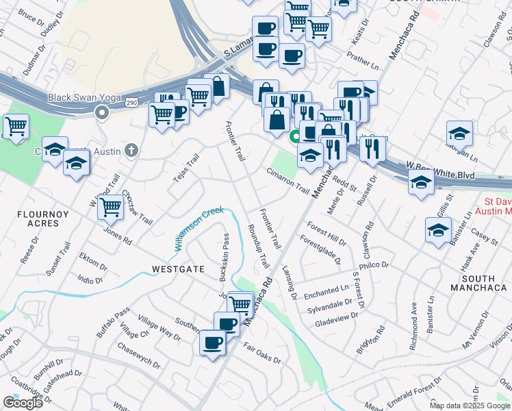 map of restaurants, bars, coffee shops, grocery stores, and more near 4608 Frontier Trail in Austin