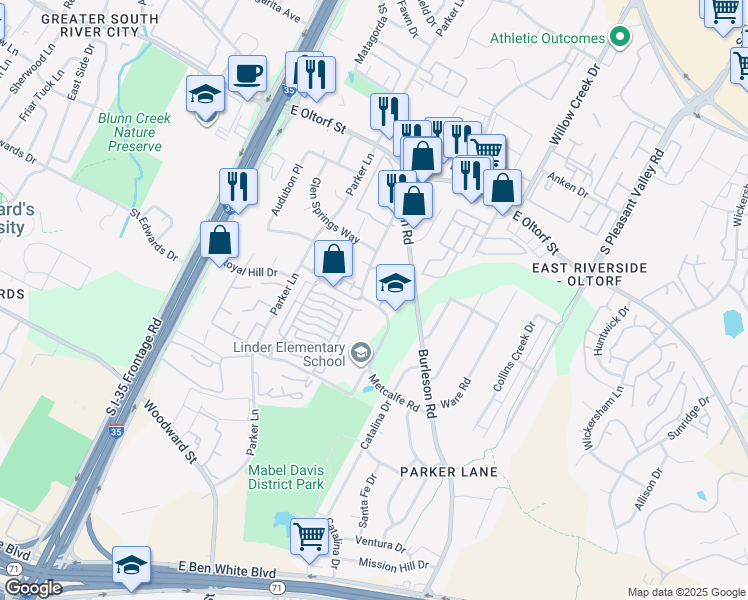 map of restaurants, bars, coffee shops, grocery stores, and more near 2616 Reeves Circle in Austin