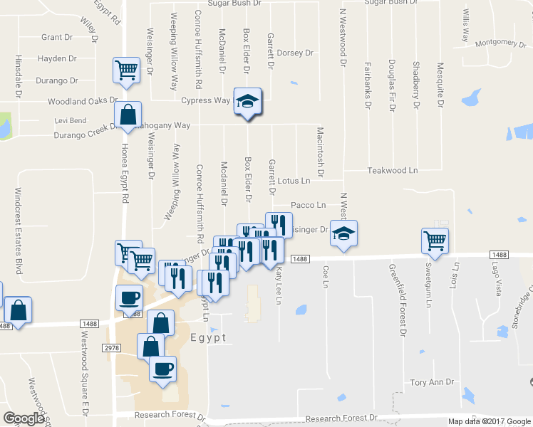 map of restaurants, bars, coffee shops, grocery stores, and more near 211 Garrett Drive in Magnolia