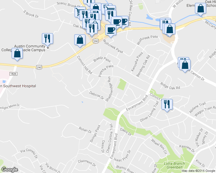 map of restaurants, bars, coffee shops, grocery stores, and more near 7500 Shadowridge Run in Austin