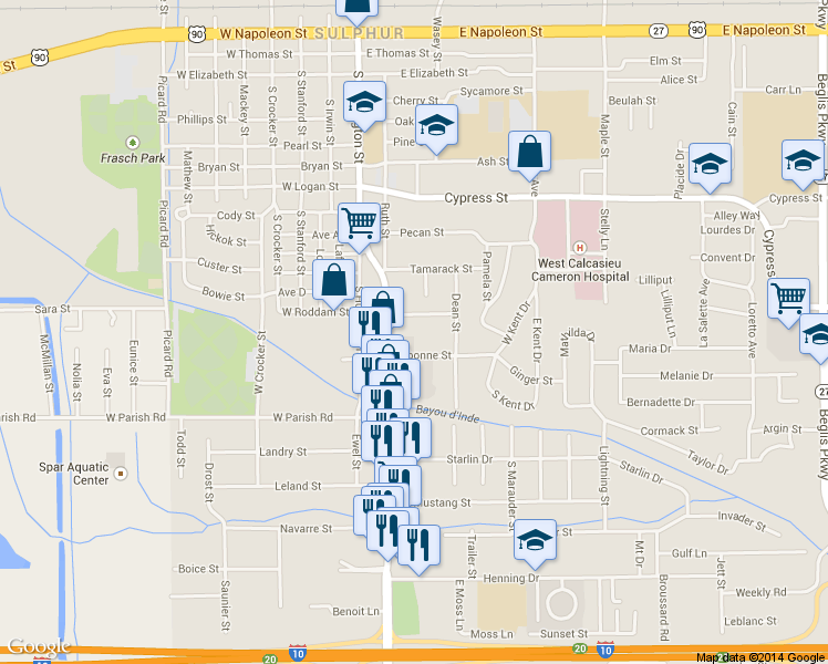 map of restaurants, bars, coffee shops, grocery stores, and more near 1514 Ruth Street in Sulphur