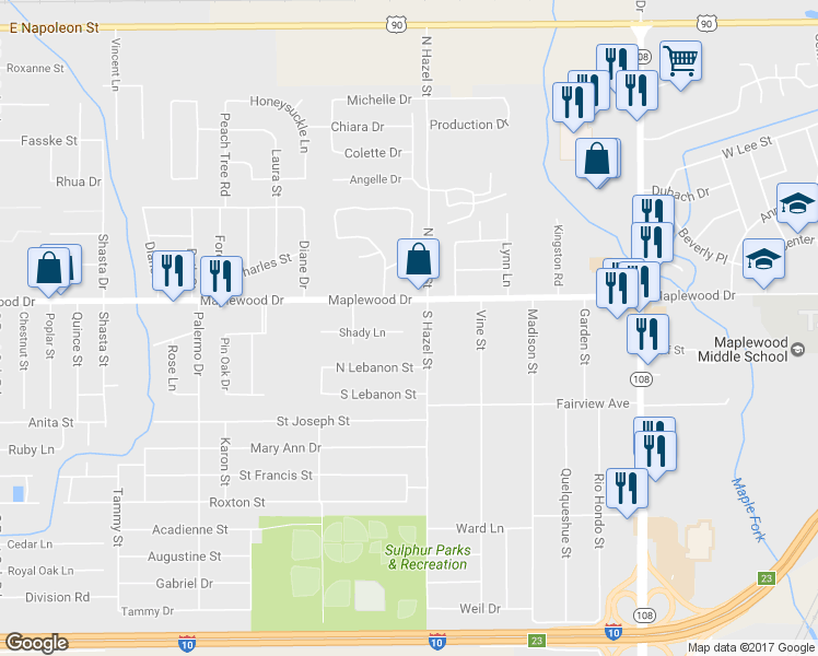 map of restaurants, bars, coffee shops, grocery stores, and more near 504 Shady Ln in Sulphur