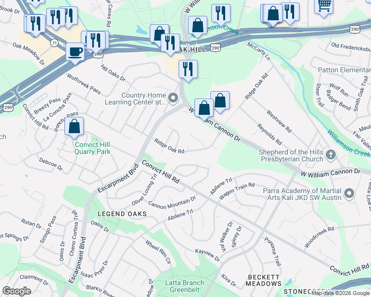 map of restaurants, bars, coffee shops, grocery stores, and more near 7108 Teya Court in Austin