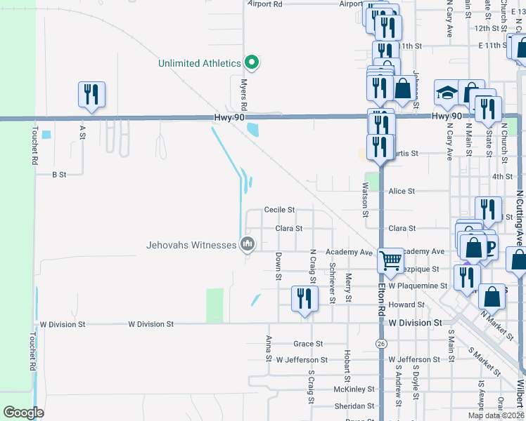 map of restaurants, bars, coffee shops, grocery stores, and more near 1011 Cecile Street in Jennings