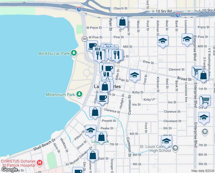map of restaurants, bars, coffee shops, grocery stores, and more near in Lake Charles