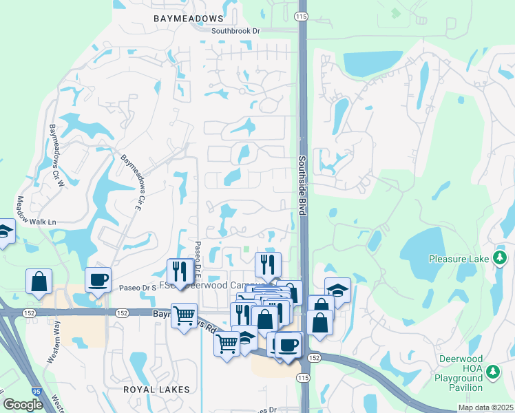 map of restaurants, bars, coffee shops, grocery stores, and more near 7932 Southside Boulevard in Jacksonville