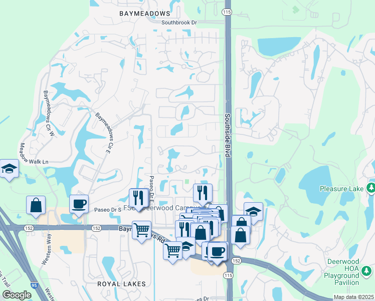 map of restaurants, bars, coffee shops, grocery stores, and more near 7932 Southside Boulevard in Jacksonville