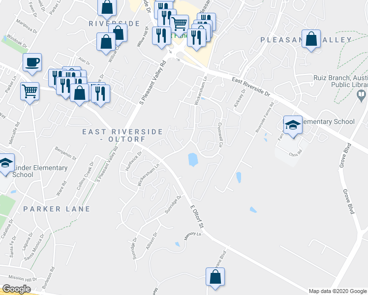 map of restaurants, bars, coffee shops, grocery stores, and more near 2400 Wickersham Lane in Austin