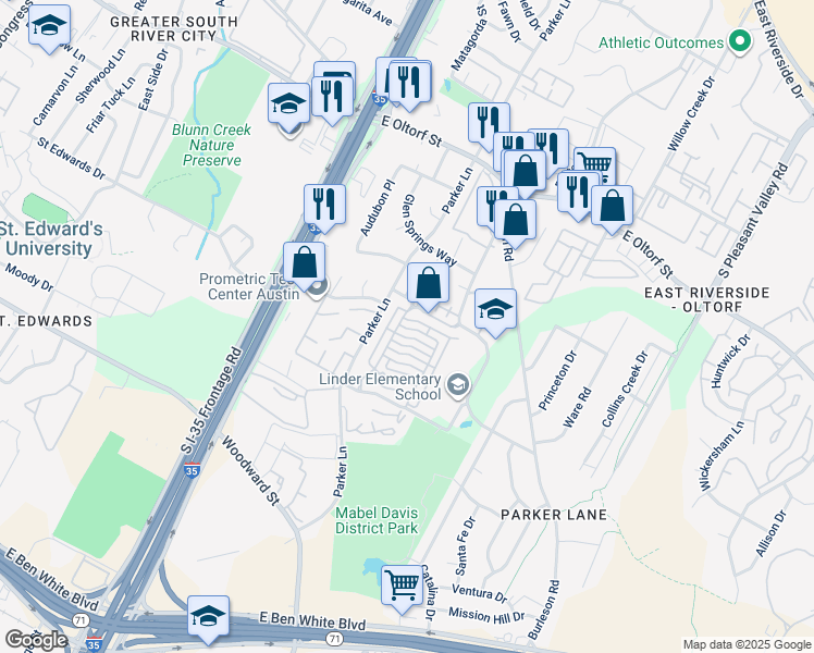 map of restaurants, bars, coffee shops, grocery stores, and more near 1900 Dinsdale Lane in Austin