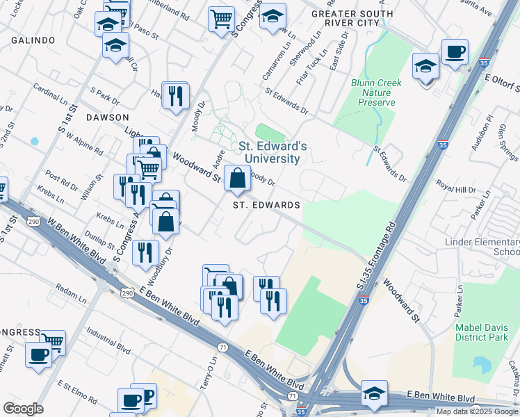 map of restaurants, bars, coffee shops, grocery stores, and more near in Austin