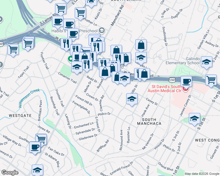map of restaurants, bars, coffee shops, grocery stores, and more near 4410 Jester Drive in Austin
