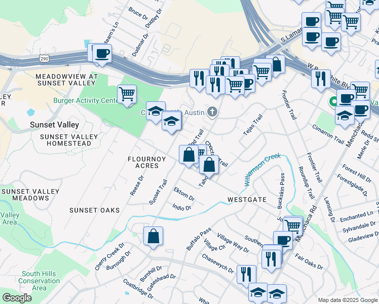 map of restaurants, bars, coffee shops, grocery stores, and more near 4906 Winding Trail in Austin