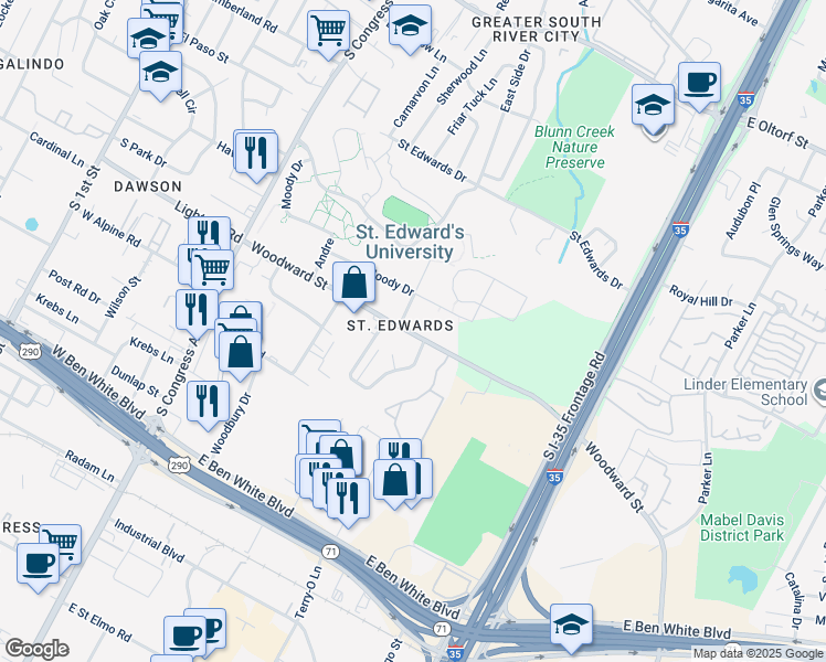map of restaurants, bars, coffee shops, grocery stores, and more near 520 Woodward Street in Austin