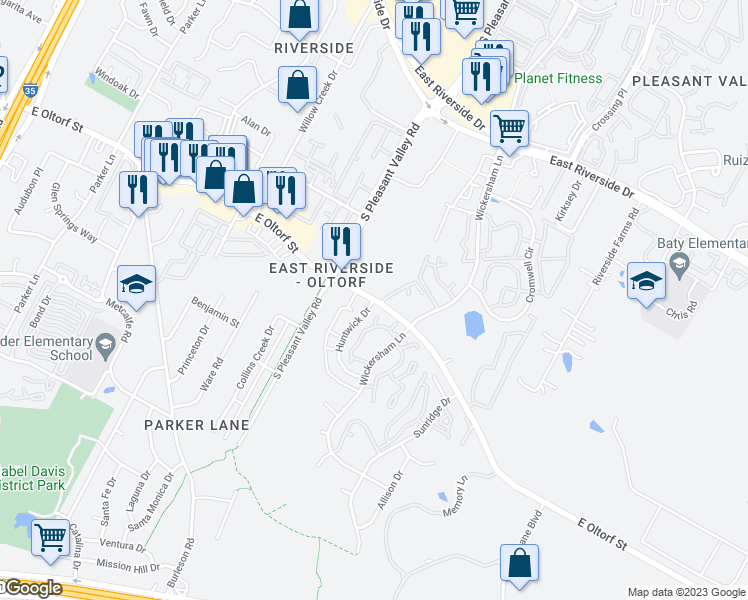 map of restaurants, bars, coffee shops, grocery stores, and more near E Oltorf St & Huntwick Dr in Austin