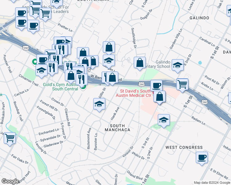 map of restaurants, bars, coffee shops, grocery stores, and more near Banister Lane in Austin