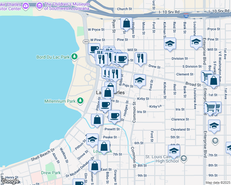 map of restaurants, bars, coffee shops, grocery stores, and more near 935 Bilbo Street in Lake Charles