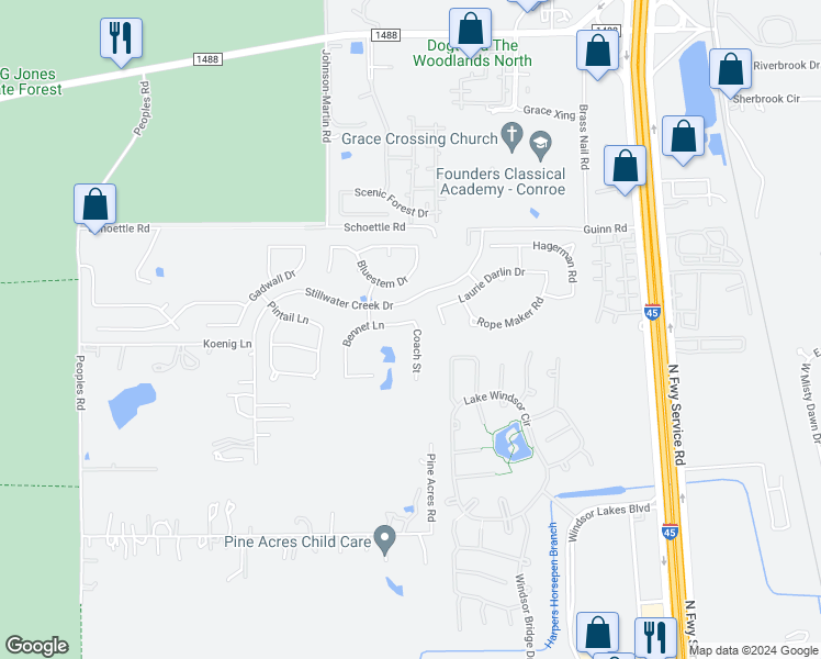 map of restaurants, bars, coffee shops, grocery stores, and more near 2102 Bennet Lane in Conroe