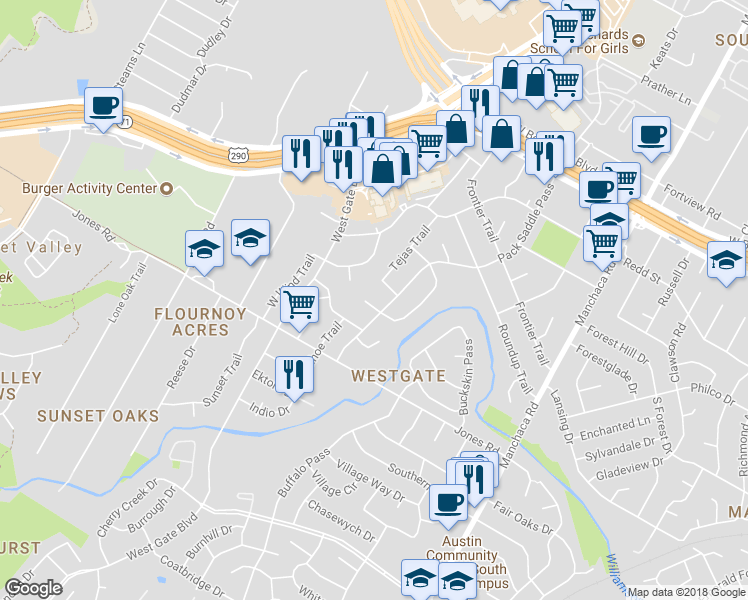map of restaurants, bars, coffee shops, grocery stores, and more near 4705 Arapahoe Pass in Austin