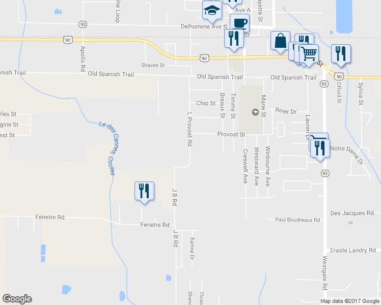 map of restaurants, bars, coffee shops, grocery stores, and more near L Provost Road in Scott