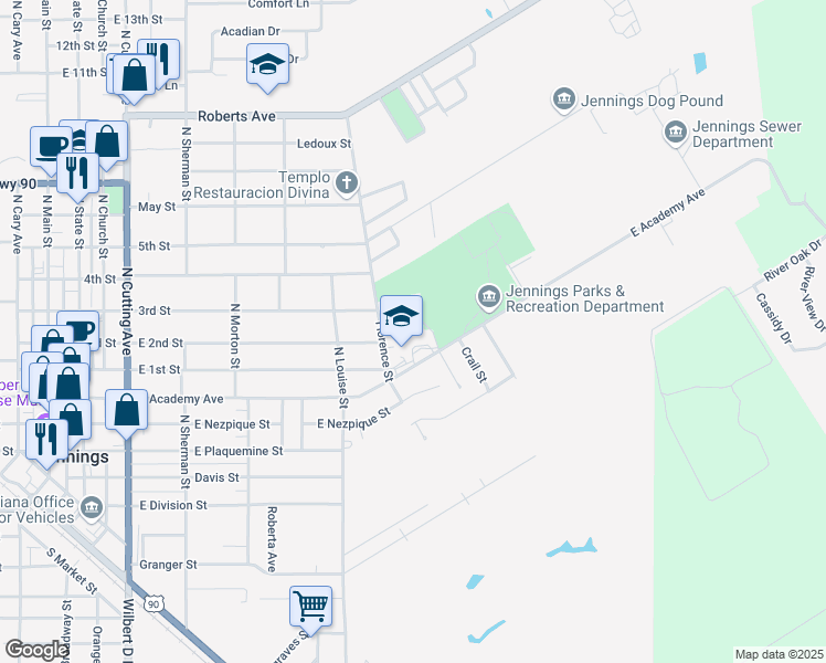 map of restaurants, bars, coffee shops, grocery stores, and more near 620 Florence Street in Jennings