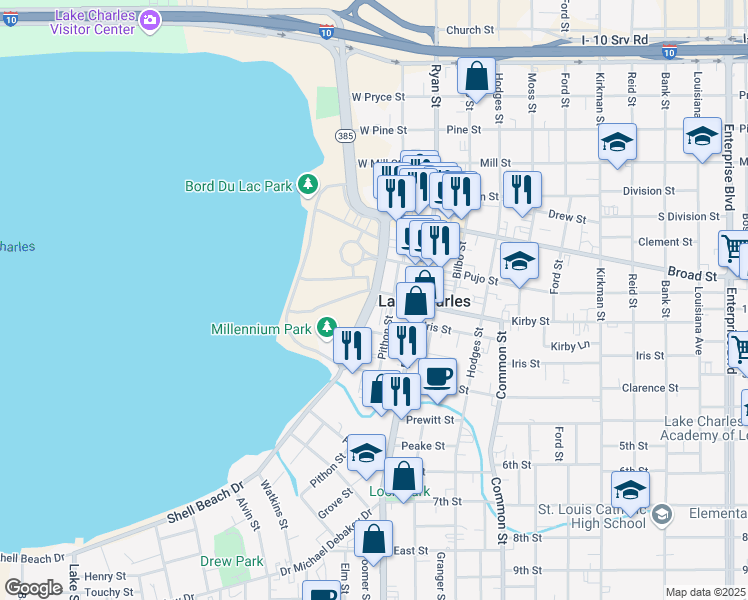map of restaurants, bars, coffee shops, grocery stores, and more near 1019 Lakeshore Drive in Lake Charles