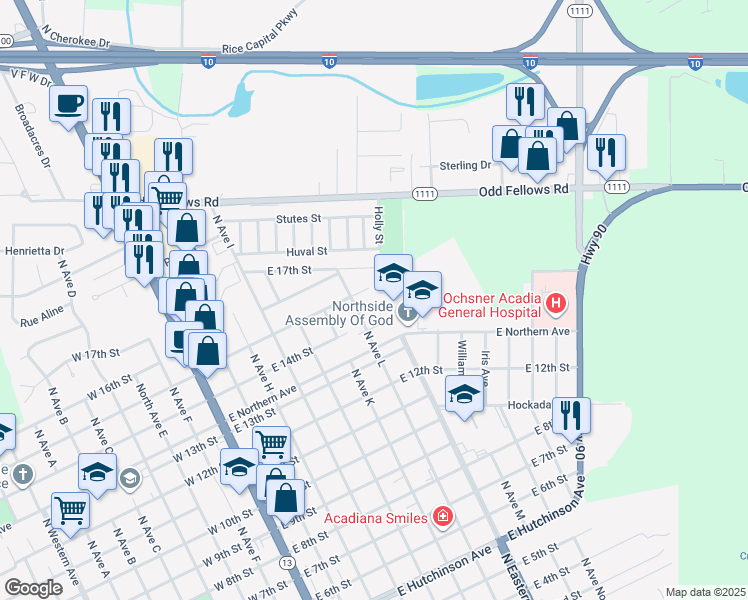 map of restaurants, bars, coffee shops, grocery stores, and more near 725 Hibiscus Street in Crowley