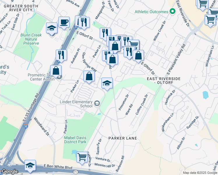 map of restaurants, bars, coffee shops, grocery stores, and more near 2600 Reeves Circle in Austin