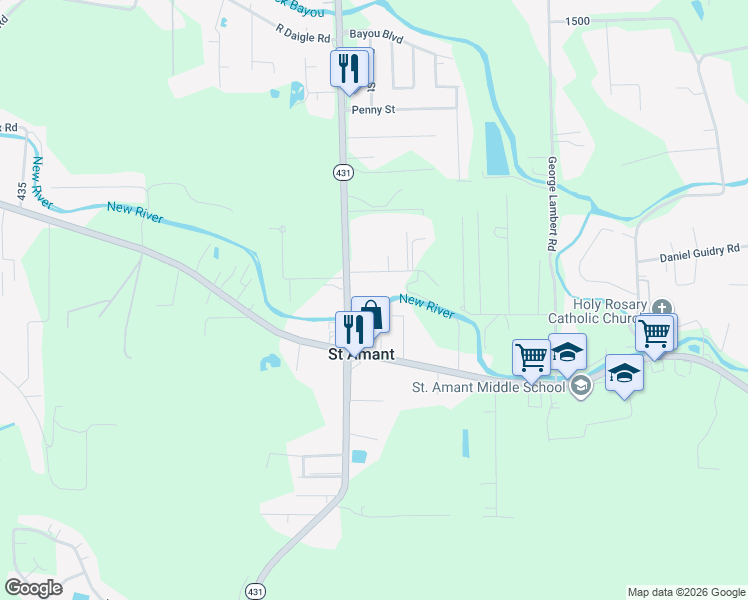 map of restaurants, bars, coffee shops, grocery stores, and more near 11024 Louisiana 431 in Saint Amant