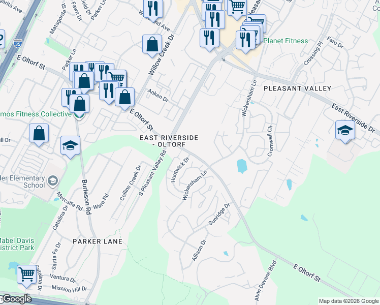 map of restaurants, bars, coffee shops, grocery stores, and more near 15 Huntwick Drive in Austin