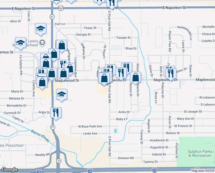 map of restaurants, bars, coffee shops, grocery stores, and more near 1599 South Post Oak Road in Sulphur