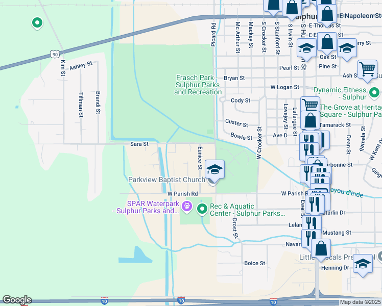 map of restaurants, bars, coffee shops, grocery stores, and more near 1520 Eva St in Sulphur