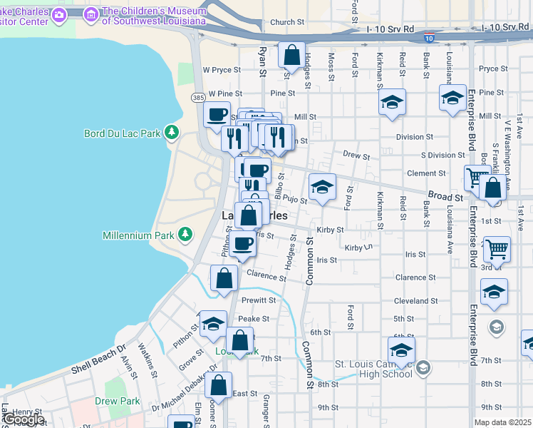 map of restaurants, bars, coffee shops, grocery stores, and more near 935 Bilbo Street in Lake Charles