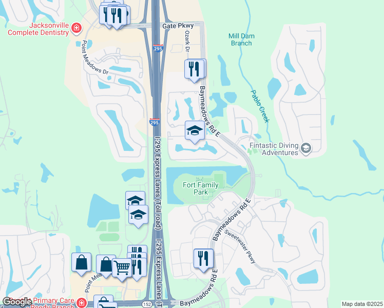 map of restaurants, bars, coffee shops, grocery stores, and more near 7990 Baymeadows Road East in Jacksonville