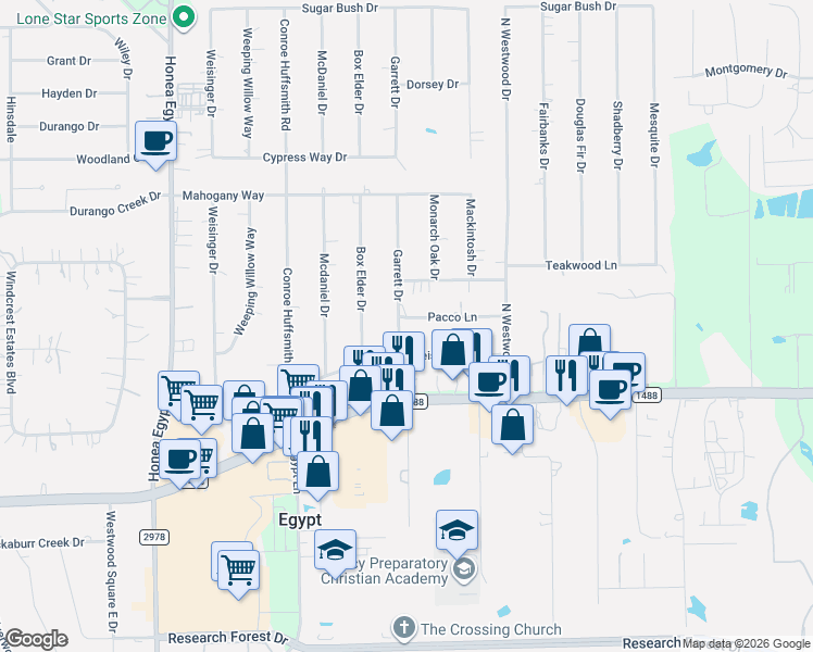 map of restaurants, bars, coffee shops, grocery stores, and more near 5907 Pacco Lane in Magnolia