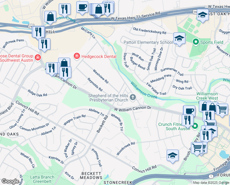 map of restaurants, bars, coffee shops, grocery stores, and more near 6708 Beckett Road in Austin