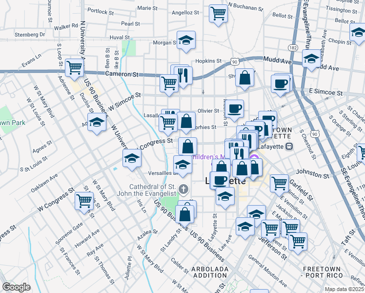 map of restaurants, bars, coffee shops, grocery stores, and more near 700 Saint John Street in Lafayette